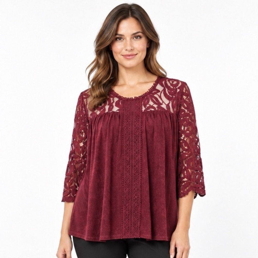 John Paul Richard Blouse Large Burgundy Velvet Lace Babydoll Vampy Y2K Goth